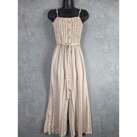 Womens Pants - Womens Linen Blend Jumpsuit Sz L Wide Leg Striped Earth Tones Beige Belted Gauze